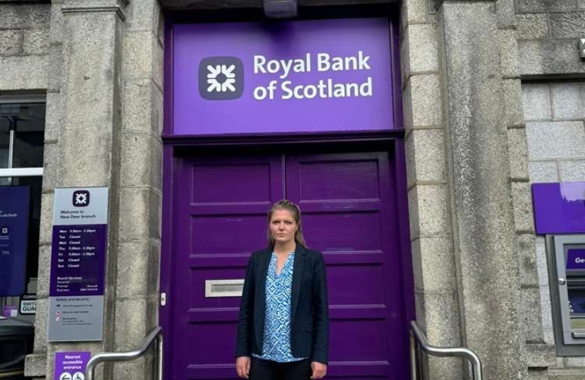 Harriet Cross MP outside RBS New Deer Branch 