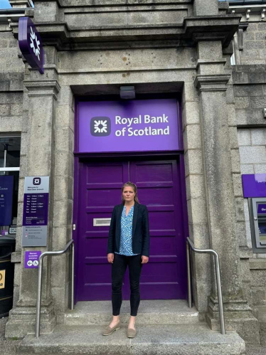 Harriet Cross MP outside RBS New Deer Branch 